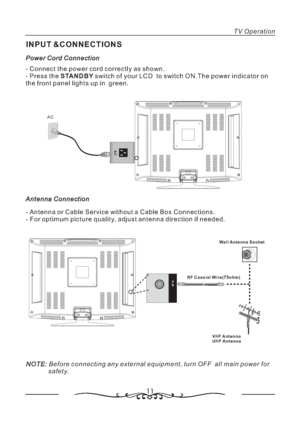 Page 1211
TV Operation
AC
Power Cord Connection
- Connect the power cord correctly as shown.
- Press the switch of your LCD  to switch ON.The power indicator on
the front panel lights up in  green.STANDBY
Antenna Connection
- Antenna or Cable Service without a Cable Box Connections.
- For optimum picture quality, adjust antenna direction if needed.
VHF Antenna
UHF AntennaWall Antenna Socket
RF Coaxial Wire(75ohm)
NOTE: Before connecting any external equipment, turn OFF all main power for
safety.NOTE:
AC
INPUT...