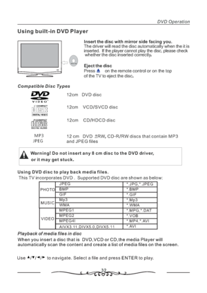 Page 3332
Using built-in DVD Player
Using DVD disc to play back media files.Compatible Disc Types
Mirror Side
Insert the disc with mirror side facing you.
The driver will read the disc automatically when the it is
inserted If the player cannot play the disc, please check.
whether the disc inserted correctly.
Eject the disc
Press on the remote control or on the top
of the TV to eject the disc.
12cm DVD disc
12cm VCD SVCD disc/
12cm CD HDCD disc/
12 cm DVD RW CD R RW discs that contain MP3,-/
This TV incorporates...