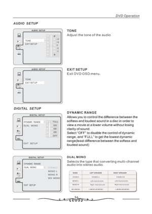 Page 3736
DVD Operation
AUDIO  SETUP
DIGITAL SETUP
TONE
DYNAMIC RANGEAdjust the tone of the audio
FULL
OFF
68/4 8/
2 8/ DYNAMIC RANGE
DUAL MONO
EXIT SETUP
#+4
+2
0
-2
-4
TONE
EXIT SETUP
AUDIO  SETUP
DIGITAL SETUP
Allows you to control the difference between the
softess and loudest sound in a disc in order to
view a movie at a lower volume without losing
clarity of sound.
Select “OFF” to disable the control of dynamic
range, and “FULL” to get the lowest dynamic
range(least difference between the softess and...