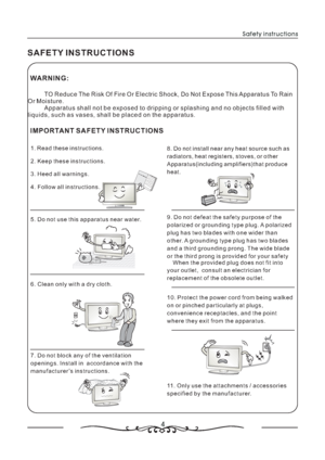 Page 54
Safety instructions
SAFETY INSTRUCTIONS
TO Reduce The Risk Of Fire Or Electric Shock, Do Not Expose This Apparatus To Rain
Or Moisture.
Apparatus shall not be exposed to dripping or splashing and no objects filled with
liquids, such as vases, shall be placed on the apparatus.
IMPORTANT SAFETY INSTRUCTIONS
1. Read these instructions.
2. Keep these instructions.
3. Heed all warnings.
4. Follow all instructions.
5. Do not use this apparatus near water.
6. Clean only with a dry cloth.
7. Do not block any...