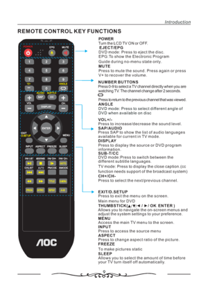 Page 109
REMOTE CONTROL KEY FUNCTIONS
Introduction
POWER
Turn the LCD TV ON or OFF.
EJECT/EPG
MUTE DVD mode: Press to eject the disc.
EPG:To show the Electronic Program
Guide during no menu state only
Press to mute the sound. Press again or press
V+ to recover the volume.-.
NUMBER BUTTONS
ANGLE Press 0-9 to select a TV channel directly when you are
watching TV. The channel change after 2 seconds.
Press to return to the previous channel that was viewed.
DVD mode: Press to select different angle of
DVD when...