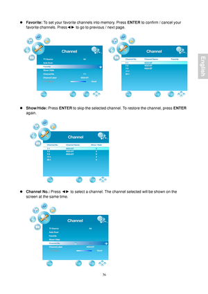 Page 38 36
z Favorite: To set your favorite channels into memory. Press  ENTER to conﬁrm / cancel your 
favorite channels. Press ◄► to go to previous / next page.   
  
 
z  Show/Hide:  Press ENTER  to skip the selected channel. To restore the channel, press  ENTER 
again. 
 
 
z  Channel No.:  Press ◄► to select a channel. The channel selected will be shown on the 
screen at the same time. 
 
English
 