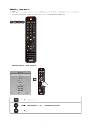 Page 2423
Switching Input Source
On AOC TV, you can choose signal source on the remote control directly, or press “Source” to choose the signal source on the display menu.
1.  When choosing signal source on the remote control  directly: Press the following keys to switch input source.
 
MTS
CC
PR E CH
Dis p la y
E PGW id e
A dd Fav
COMP
F avM U
/ E xit
E
N
COMP
2.  When using “Source ” key to choose signal source:
OKMENU
/Exit
0. TV
1. AV1
2. AV2
3. Component 1
4. Component 2 5. VGA
6. HDMI 1
7. HDMI 2
8. HDMI...