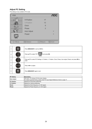 Page 3029
adjust pC Setting
This setting is only available in PC mode.
OKMENU/Exit
VGA
Move Select ReturnExit
V-Position
Clock
Auto Adjust Phase
Preset H-Position 13 17
8
2
1M U
/ E xit
E
NPress menU/exIT to call out MENU.
2
Press ▲/▼ to select “PC” , and press oK.
3
Press ▲/▼ to select PC Settings: H. Position , V. Position, Clock, Phase, Auto adjust, Preset, and press oK to 
enter.
4
Press ◄/► to adjust.
5
M U
/ E xit
E
NPress menU/exIT  again to exit.
pC Setting description
auto adjust Auto sync. PC timing...