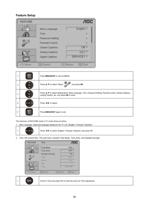 Page 3130
feature Setup
FEATUREMove Select ReturnExit
Time
Transparency
Parental Control Password Setting
1
Closed Captions
Analog Captions
CC1
With Mute
Menu LanguageEnglish
OKMENU
/Exit
FEATURE
Move Select ReturnExit
Time
Password Setting
Closed Captions Parental Control
Analog Captions
Digital Captions
SERVICE1 CC1Off
Menu LanguageEnglish
1M
U
/ E xit
E
NPress menU/exIT to call out MENU.
2
Press ▲/▼ to select “Setup ” , and press oK.
3 Press ▲/▼ to select Setting items: Menu language
, Time, Password...