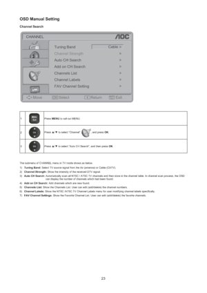 Page 2423
OSD Manual Setting 
Channel Search 
OKMENU
/Exit
CHANNEL
Move Select Return ExitChannel Strength
Auto CH Search
Channels ListAdd on CH Search
Channel Labels
FAV Channel SettingCable
Tuning Band
1MU
/ ExitENPress MENU to call out MENU.
2
Press ▲/▼ to select “Channel” , and press OK.
3
Press ▲/▼ to select “Auto CH Search”, and then press OK.
The submenu of CHANNEL menu in TV mode shows as below.
1) Tuning Band: Select TV source signal from the Air (antenna) or Cable (CATV).
2) Channel Strength: Show the...