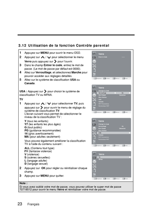 Page 1093.12 Utilisation de la fonction Contrôle parental
1Appuyez sur MENU pour ouvrir le menu OSD. 
2Appuyez sur   /   pour sélectionner le menu 
Verro puis appuyez sur   pour l’ouvrir.
3Dans le champ Entrer le code , entrez le mot de 
passe. (Le mot de passe par défaut est 0000).
4Allez sur  Verrouillage , et sélectionnez  Marche pour 
pouvoir accéder aux réglages détaillés.
5Allez sur le système de classification  USA ou 
Canada .
USA : Appuyez sur   pour choisir le système de 
classification TV ou MPAA.
TV...