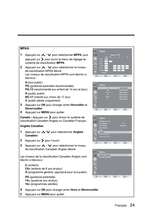 Page 110EnglishMPAA
1
Appuyez sur   /   pour sélectionner MPPA, puis 
appuyez sur   pour ouvrir le menu de réglage du 
système de classification  MPPA.
2Appuyez sur   /   pour sélectionner le niveau 
de classification MPAA désiré.
Les niveaux de classification MPPA sont décrits ci-
dessous :
G  (tout public)
PG  (guidance parentale recommandée)
PG-13  (recommandé aux enfant de 14 ans et plus)
R  (public averti)
NC-17 (interdit aux moins de 17 ans)
X  (public adulte uniquement)
3Appuyez sur  OK pour changer entre...