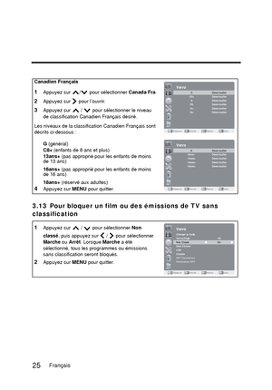 Page 1113.13 Pour bloquer un film ou des émissions de TV sans 
classification
Canadien Français
1Appuyez sur  /  pour sélectionner Canada Fra.
2Appuyez sur   pour l’ouvrir.
3Appuyez sur   /   pour sélectionner le niveau 
de classification Canadien Français désiré.
Les niveaux de la classification Canadien Français sont 
décrits ci-dessous :
G  (général)
C8+  (enfants de 8 ans et plus)
13ans+  (pas approprié pour les enfants de moins 
de 13 ans)
16ans+  (pas approprié pour les enfants de moins 
de 16 ans)
18ans+...