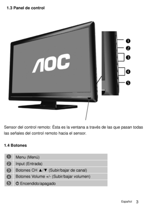 Page 501.3 Panel de control
Sensor del control remoto: Ésta es la ventana a través de las que pasan todas
las señales del control remoto hacia el sensor.
1.4 Botones
1
2
3
4
5Menu (Menú)
Input (Entrada)
Botones CH▲/▼(Subir/bajar de canal)
Botones Volume +/- (Subir/bajar volumen)
Encendido/apagado
3
Español
 