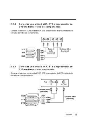 Page 58English
2 . 2 . 3 C o n e c t a r   u n a   u n i d a d   V C R ,   S T B   o   r e p r o d u c t o r   d e  DV D   m e d i a n t e   v í d e o   d e   c o m p o n e n t e s
Conecte el televisor a una unidad VCR, STB o reproductor de DVD mediante las 
entradas de vídeo de componentes.
2 . 2 . 4 C o n e c t a r   u n a   u n i d a d   V C R ,   S T B   o   r e p r o d u c t o r   d e  
DV D   m e d i a n t e   v í d e o   c o m p u e s t o
Conecte el televisor a una unidad VCR, STB o reproductor de DVD...
