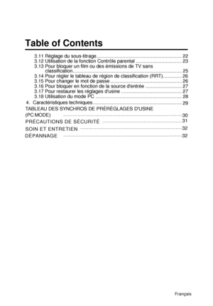 Page 86Table of ContentsEnglish
3.11 Réglage du sous-titrage ............................................................... 22
3.12 Utilisation de la fonction Contrôle parental .................................. 23
3.13 Pour bloquer un film ou des émissions de TV sans
classification................................................................................. 25
3.14 Pour régler le tableau de région de classification (RRT).............. 26
3.15 Pour changer le mot de passe...