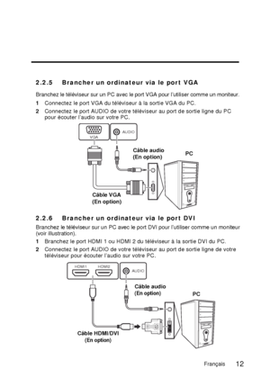 Page 98English
2.2.5 Brancher un ordinateur via le por t VGA
Branchez le téléviseur sur un PC avec le port VGA pour l’utiliser comme un moniteur.
1Connectez le port VGA du téléviseur à la sortie VGA du PC.
2Connectez le port AUDIO de votre téléviseur au port de sortie ligne du PC 
pour écouter l’audio sur votre PC
.
2.2.6 Brancher un ordinateur via le por t DVI
Branchez le téléviseur sur un PC avec le port DVI pour l’utiliser comme un moniteur 
(voir illustration).
1
Branchez le port HDMI 1 ou HDMI 2 du...