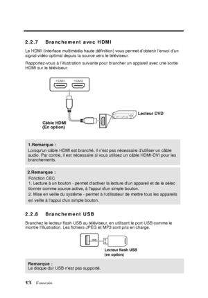 Page 992.2.7 Branchement avec HDMI
Le HDMI (interface multimédia haute définition) vous permet d’obtenir l’envoi d’un 
signal vidéo optimal depuis la source vers le téléviseur.
Rapportez-vous à l’illustration suivante pour brancher un appareil avec une sortie 
HDMI sur le téléviseur.
2.2.8 Branchement USB
Branchez le lecteur flash USB au téléviseur, en utilisant le port USB comme le 
montre lillustration. Les fichiers JPEG et MP3 sont pris en charge. 
1.Remarque :
Lorsquun câble HDMI est branché, il n’est pas...