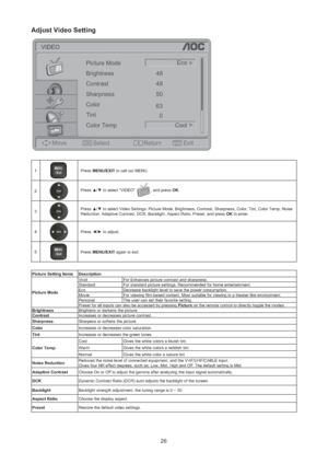 Page 2726
Adjust Video Setting
OKMENU
/Exit
VIDEO
Move Select Return ExitBrightness
Contrast
Color Sharpness
Tint
Color TempEco
63 50 48
48
0
Cool Picture Mode
1MU
/ ExitENPress MENU/EXIT to call out MENU.
2
Press ▲/▼ to select “VIDEO” , and press OK.
3
Press ▲/▼ to select Video Settings: Picture Mode, Brightness, Contrast, Sharpness, Color, Tint, Color Temp, Noise 
Reduction, Adaptive Contrast, DCR, Backlight, Aspect Ratio, Preset, and press OK to enter.
4
Press ◄/► to adjust.
5
MU
/ ExitENPress MENU/EXIT...