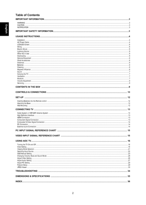 Page 22
Table of Contents
ImporTanT InformaTIon ........................................................................\
......................................................................3
WARNING  ........................................................................\
........................................................................\
........................................................................\
...................... 3
CAUTION...