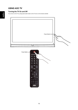 Page 1616
USIng aoC TV
Turning the TV on and off
You can turn on the TV by using power switch button on the TV set or on \
the remote controller.
Power Button
English
  
