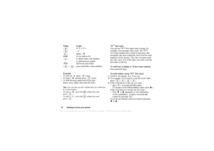 Page 14This
 is the Internet version 
of the users gui
de. © Pr
int on
ly for private us
e.
14 Getting to know your phoneExample:
 To enter an ‘ A’, press   once.
 To enter a ‘ B’, quickly press   twice.
 To shift between capital and lower-case  letters, press , then enter the letter.
Tip:  You can also use the volume keys as a shortcut 
to certain letters:
To enter a ‘ B’, press the   volume key and 
press .
To enter a ‘ C’, press the   volume key and 
press . T9
™ Text Input
You can use T9™ Text Input when...