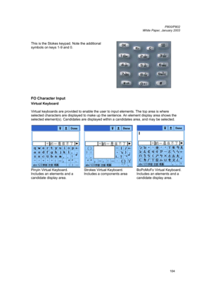 Page 104         P800/P802
 
White Paper, January 2003 
104
 
This is the Stokes keypad. Note the additional 
symbols on keys 1-9 and 0.  
 
 
FO Character Input  
Virtual Keyboard 
 
Virtual keyboards are provided to enable the user to input elements. The top area is where 
selected characters are displayed to make up the sentence. An element display area shows the 
selected element(s). Candidates are displayed within a candidates area, and may be selected. 
 
 Pinyin Virtual Keyboard. 
Includes an elements and...