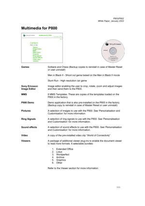 Page 111         P800/P802
 
White Paper, January 2003 
111
Multimedia for P800 
 
 
 
Games Solitaire and Chess (Backup copies to reinstall in case of Master Reset 
or user uninstall) 
 
Men in Black II - Shoot out game based on the Men in Black II movie 
 
Stunt Run - High resolution car game 
 
Sony Ericsson 
Image Editor Image editor enabling the user to crop, rotate, zoom and adjust images 
and then send them to the P800. 
 
MMS 8 MMS Templates. These are copies of the templates loaded on the 
P800 in the...