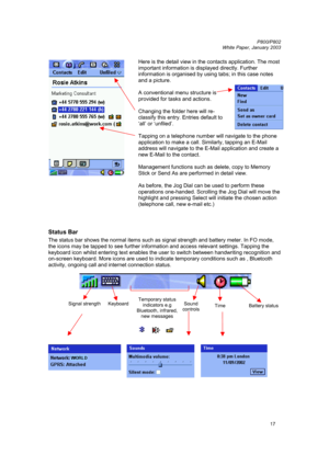 Page 17         P800/P802
 
White Paper, January 2003 
17
 Here is the detail view in the contacts application. The most 
important information is displayed directly. Further 
information is organised by using tabs; in this case notes 
and a picture. 
 
A conventional menu structure is  
provided for tasks and actions. 
 
Changing the folder here will re- 
classify this entry. Entries default to  
‘all’ or ‘unfiled’. 
 
Tapping on a telephone number will navigate to the phone 
application to make a call....