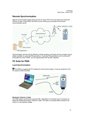 Page 91         P800/P802
 
White Paper, January 2003 
91
Remote Synchronisation 
 
Remote synchronisation takes place over the air using HTTP and is the ideal way to keep the 
P800 up to date. Using GPRS, the P800 can be continuously connected to the remote 
synchronisation server. 
 
Synchronisation services will be offered by mobile operators, third-party service providers and as 
added capability to corporate PIM applications. Corporate PIM applications such as Microsoft
® 
Exchange and Lotus® Notes® can be...