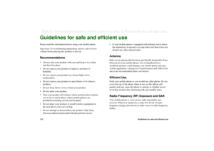 Page 172172Guidelines for safe and efficient useThis is the Internet version of the user’s guide. © Print only for private use. Guidelines for safe and efficient usePlease read this information before using your mobile phone.
Important: To avoid hearing impairment, answer call or lower 
volume before placing this product to the ear.Recommendations• Always treat your product with care and keep it in a clean 
and dust-free place.
• Do not expose your product to liquid or moisture or 
humidity.
• Do not expose your...