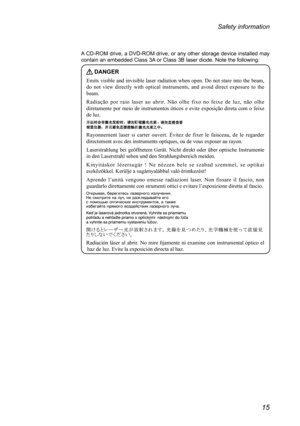 Page 1915
Safety information
A CD-ROM drive, a DVD-ROM drive, or any other storage device installed may contain an embedded Class 3A or Class 3B laser diode. Note the following:
 DANGER
Emits visible and  invisible laser  radiation when  open.  Do  not  stare  into  the  beam, 
do  not  view  directly  with  optical  instruments,  and  avoid  direct  exposure  to  the 
beam.
Radiação  por  raio  laser  ao  abrir.  Não  olhe  fixo  no  feixe  de  luz,  não  olhe 
diretamente  por  meio  de  instrumentos  óticos...