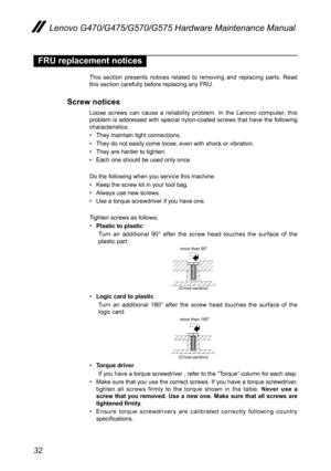 Page 3632
Lenovo G470/G475/G570/G575 Hardware Maintenance Manual
FRU replacement notices
This  section  presents  notices  related  to  removing  and  replacing  parts.  Read this section carefully before replacing any FRU.
Screw notices 
Loose  screws  can  cause  a  reliability  problem.  In  the  Lenovo  computer,  this problem  is  addressed  with  special  nylon-coated  screws  that  have  the  following characteristics:
They maintain tight connections.• 
They do not easily come loose, even with shock or...