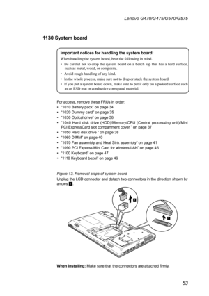 Page 5753
Lenovo G470/G475/G570/G575
1130 System board
Important notices for handling the system board:
When handling the system board, bear the following in mind.
• Be  careful  not  to  drop  the  system  board  on  a  bench  top  that  has  a  hard  surface, 
such as metal, wood, or composite.
•  Avoid rough handling of any kind.
•  In the whole process, make sure not to drop or stack the system board.
•  If you put a system board down, make sure to put it only on a padded surface such 
as an ESD mat or...