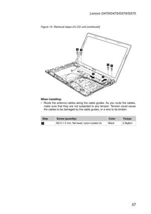 Page 6157
Lenovo G470/G475/G570/G575
Figure 14. Removal steps of LCD unit (continued)
22
33
33
When installing:
Route  the  antenna  cables  along  the  cable  guides. As  you  route  the  cables, • make  sure  that  they  are  not  subjected  to  any  tension.  Tension  could  cause the cables to be damaged by the cable guides, or a wire to be broken.
StepScrew (quantity)ColorTorque
3M2.5 × 5 mm, flat-head, nylon-coated (4)Black2.0kgfcm  