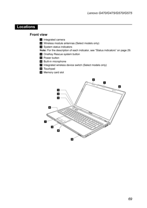 Page 7369
Lenovo G470/G475/G570/G575
Locations
Front view
1 Integrated camera
2 Wireless module antennas (Select models only)
3 System status indicatorsNote: For the description of each indicator, see “Status indicators” on page 29.
4 OneKey Rescue system button 
5 Power button
6 Built-in microphone
7 Integrated wireless device switch (Select models only)
8 Touchpad
9 Memory card slot
9
3
4
5
6
2
21
3
7
8 