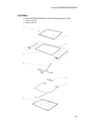 Page 8177
Lenovo G470/G475/G570/G575
LCD FRUs
In Lenovo G470/G475/G570/G575, there are following types of LCDs.
“14.0-in. HD TFT”• 
“15.6-in. HD TFT”• 
7 6 3 2
1
8 5 4 