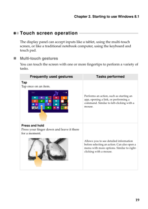 Page 23Chapter 2. Starting to use Windows 8.1
19
Touch screen operation  - - - - - - - - - - - - - - - - - - - - - - - - - - - - - - - - - - - - - - - - - - - - - - - - - - - - - - - - - - - - - 
The display panel can accept inputs like a tablet, using the multi-touch 
screen, or like a traditional notebook computer, using the keyboard and 
touch pad.
Multi-touch gestures
You can touch the screen with one or more fingertips to perform a variety of 
tasks.
Frequently used gesturesTasks performed
Tap
Tap once on...