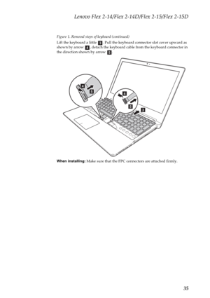 Page 39Lenovo Flex 2-14/Flex 2-14D/Flex 2-15/Flex 2-15D
35
Figure 1. Removal steps of keyboard (continued)
Lift the keyboard a little  . Pull the keyboard connector slot cover upward as 
shown by arrow  , detach the keyboard cable from the keyboard connector in 
the direction shown by arrow  .
 
When installing: Make sure that the FPC connectors are attached firmly.
cde
e
d
d
ec 