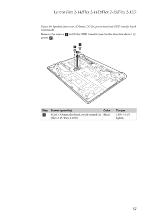 Page 61Lenovo Flex 2-14/Flex 2-14D/Flex 2-15/Flex 2-15D
57
Figure 10. Speakers, base cover, IO board, DC-IN, power board and ODD transfer board 
(continued)
Remove the screws   to lift the ODD transfer board in the direction shown by 
arrow .
StepScrew (quantity)ColorTorque
M2.0 × 3.5 mm, flat-head, nylok-coated (2) 
(Flex 2-15/Flex 2-15D)Black 1.85+/-0.15 
kgfcm
ab
aa
b
a 