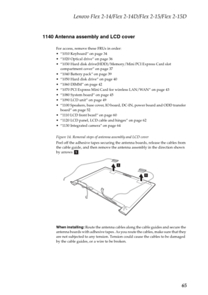 Page 69Lenovo Flex 2-14/Flex 2-14D/Flex 2-15/Flex 2-15D
65 1140 Antenna assembly and LCD cover
For access, remove these FRUs in order:
 “1010 Keyboard” on page 34
 “1020 Optical drive” on page 36
 “1030 Hard disk drive(HDD)/Memory/Mini PCI Express Card slot 
compartment cover” on page 37
 “1040 Battery pack” on page 39
 “1050 Hard disk drive” on page 40
 “1060 DIMM” on page 42
 “1070 PCI Express Mini Card for wireless LAN/WAN” on page 43
 “1080 System board” on page 45
 “1090 LCD unit” on page 49
 “1100...