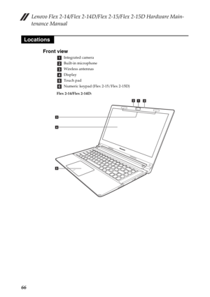 Page 70Lenovo Flex 2-14/Flex 2-14D/Flex 2-15/Flex 2-15D Hardware Main-
tenance Manual
66
Front view
Integrated camera
Built-in microphone
Wireless antennas
Display
Touch pad
Numeric keypad (Flex 2-15/Flex 2-15D)
Flex 2-14/Flex 2-14D:
Locations
a
b
c
d
e
f
ab
cb
d
e 