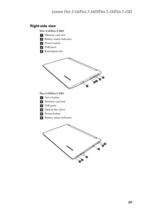 Page 73Lenovo Flex 2-14/Flex 2-14D/Flex 2-15/Flex 2-15D
69 Right-side view
Flex 2-14/Flex 2-14D:
Memory card slot
Battery status indicator
Power button
USB ports
Kensington slot
Flex 2-15/Flex 2-15D:
Novo button
Memory card slot
USB ports
Optical disc drive
Power button
Battery status indicator
a
b
c
d
e
e
c
b
ad
a
b
c
d
e
f
fed
c
ba 