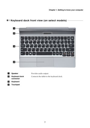 Page 11Chapter 1. Getting to know your computer
7
Keyboard dock front view (on select models)  - - - - - - - - - - - - - - - - - - - - - - - - - - - - - - -
SpeakerProvides audio output.
Keyboard dock 
connectorConnects the tablet to the keyboard dock.
Keyboard
Touchpad
2
1
3
4
a
b
c
d 