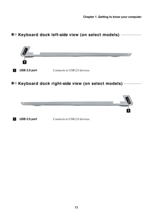 Page 15Chapter 1. Getting to know your computer
11
Keyboard dock left-side view (on select models)  - - - - - - - - - - - - - - - - - - - - - - - -
Keyboard dock right-side view (on select models)  - - - - - - - - - - - - - - - - - - - -
USB 2.0 portConnects to USB 2.0 devices.
USB 2.0 portConnects to USB 2.0 devices.
1
a
1
a 