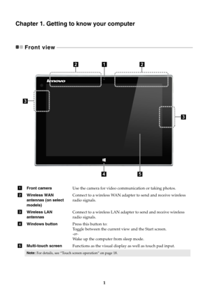 Page 51
Chapter 1. Getting to know your computer
Front view - - - - - - - - - - - - - - - - - - - - - - - - - - - - - - - - - - - - - - - - - - - - - - - - - - - - - - - - - - - - - - - - - - - - - - - - - - - - - - - - - - - - - - - - - - - - - - - - - - - - - - - - - - - - - - - - - - - - - -
Front camera Use the camera for video communication or taking photos.
Wireless WAN 
antennas (on select 
models)Connect to a wireless WAN adapter to send and receive wireless 
radio signals.
Wireless LAN...