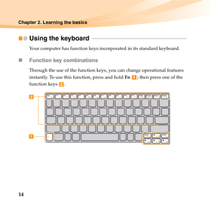 Page 2814
Chapter 2. Learning the basics
Using the keyboard  - - - - - - - - - - - - - - - - - - - - - - - - - - - - - - - - - - - - - - - - - - - - - - - - - - - - - - - - - - - - - - - - - - - - - 
Your computer has function keys incorporated in its standard keyboard.
„Function key combinations
Through the use of the function keys, you can change operational features 
instantly. To use this function, press and hold Fn  ; then press one of the 
function keys  .


a
b 