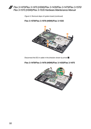 Page 5450
Flex 3-1470/Flex 3-1470 (HSW)/Flex 3-1435/Flex 3-1475/Flex 3-1570/
Flex 3-1570 (HSW)/Flex 3-1535 Hardware Maintenance Manual
Figure 9. Removal steps of system board (continued)
Flex 3-1570/Flex 3-1570 (HSW)/Flex 3-1535
4
4
4
Disconnect	the	DC-in	cable	in	the	direction	shown	by	arrow	5.
Flex 3-1470/Flex 3-1470 (HSW)/Flex 3-1435/Flex 3-1475
5 