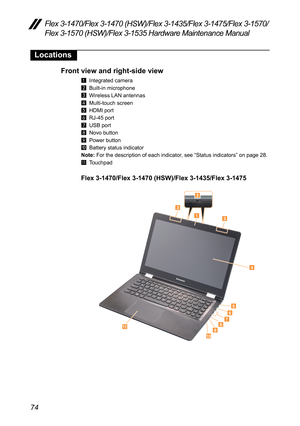 Page 7874
Flex 3-1470/Flex 3-1470 (HSW)/Flex 3-1435/Flex 3-1475/Flex 3-1570/
Flex 3-1570 (HSW)/Flex 3-1535 Hardware Maintenance Manual
Locations
Front view and right-side view
1	 Integrated	camera
2 	 Built-in
	microphone
3 	 Wireless	LAN	antennas
4 	 Multi-touch	screen
5 	 HDMI	port
6 	 RJ-45	port
7 	 USB	port
8 	 Novo	button
9 	 Power	button
J 	 Battery	status	indicator
Note: 	For	the	description	of	each	indicator,	see	“Status	indicators ”	on	page	28.
K 	 Touchpad
Flex 3-1470/Flex 3-1470 (HSW)/Flex...