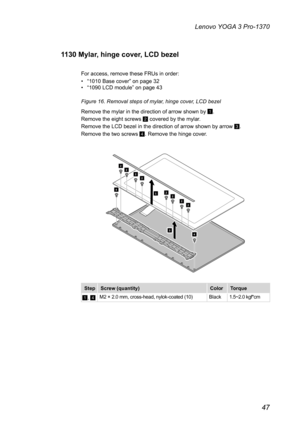 Page 5147
Lenovo YOGA 3 Pro-1370
1130 Mylar, hinge cover, LCD bezel
For access, remove these FRUs in order:
• “1010 Base cover” on page 32
•  “1090 LCD module” on page 43
Figure 16. Removal steps of mylar, hinge cover, LCD bezel
Remove the mylar in the direction of arrow shown by 
1. 
Remove the eight screws 
B covered by the mylar. 
Remove the LCD bezel in the direction of arrow shown by arrow 
C. 
Remove the two screws 
D. Remove the hinge cover.
1
2222
2
4
4
3
222
Step Screw (quantity) ColorTorque
A, DM2 ×...