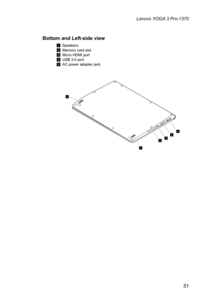 Page 5551
Lenovo YOGA 3 Pro-1370
Bottom and Left-side view 
1 Speakers
2 Memory card slot
3 Micro HDMI port
4 USB 3.0 port
E AC power adapter jack
2345
1
1 