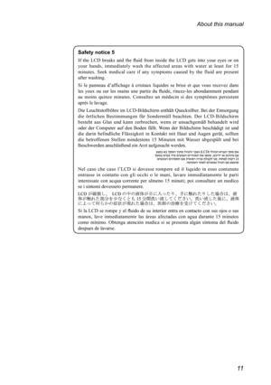 Page 1511
About this manual
Safety notice 5
If	the 	LCD 	breaks 	and 	the 	fluid 	from 	inside 	the 	LCD 	gets 	into 	your 	eyes 	or 	on	
your  hands,  immediately  wash  the  affected  areas  with  water  at  least  for  15 
minutes.  Seek  medical  care  if  any  symptoms  caused  by  the  fluid  are  present 
after washing.
Si 	le 	panneau 	d’affichage 	à 	cristaux 	liquides 	se 	brise 	et 	que 	vous 	recevez 	dans	
les 	yeux 	ou 	sur 	les 	mains 	une 	partie 	du 	fluide, 	rincez-les 	abondamment 	pendant...