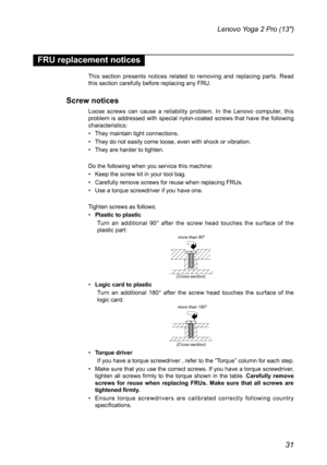 Page 3531
Lenovo Yoga 2 Pro (13″)
FRU replacement notices
This section presents notices related to removing and replacing parts. Read this section carefully before replacing any FRU.
Screw notices 
Loose screws can cause a reliability problem. In the Lenovo computer, this problem is addressed with special nylon-coated screws that have the following characteristics:
• They maintain tight connections.
• They do not easily come loose, even with shock or vibration.
• They are harder to tighten.
Do the following...