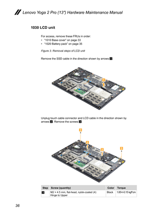 Page 4036
Lenovo Yoga 2 Pro (13″) Hardware Maintenance Manual
1030 LCD unit
For access, remove these FRUs in order:
• “1010 Base cover” on page 33
• “1020 Battery pack” on page 35
Figure 3. Removal steps of LCD unit
Remove the SSD cable in the direction shown by arrows 1.
1
Unplug touch cable connector and LCD cable in the direction shown by  arrows 2. Remove the screws 3.
2
2
3
3
StepScrew (quantity)ColorTorque
3M2 × 4.5 mm, flat-head, nylok-coated (4) Hinge to UpperBlack1.85+/-0.15 kgf*cm 